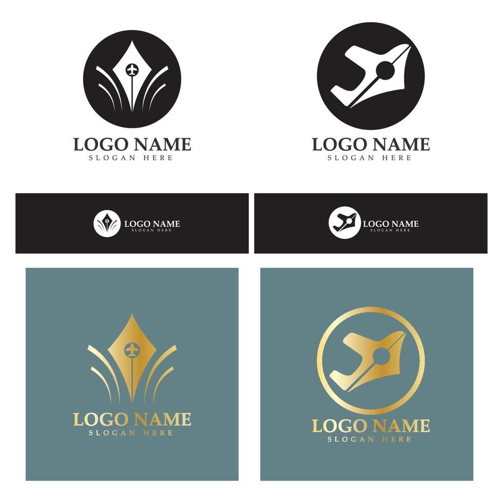 logotipo de blog de viajes de pluma de avión y plantilla de icono de vector de diseño de ilustración de libro