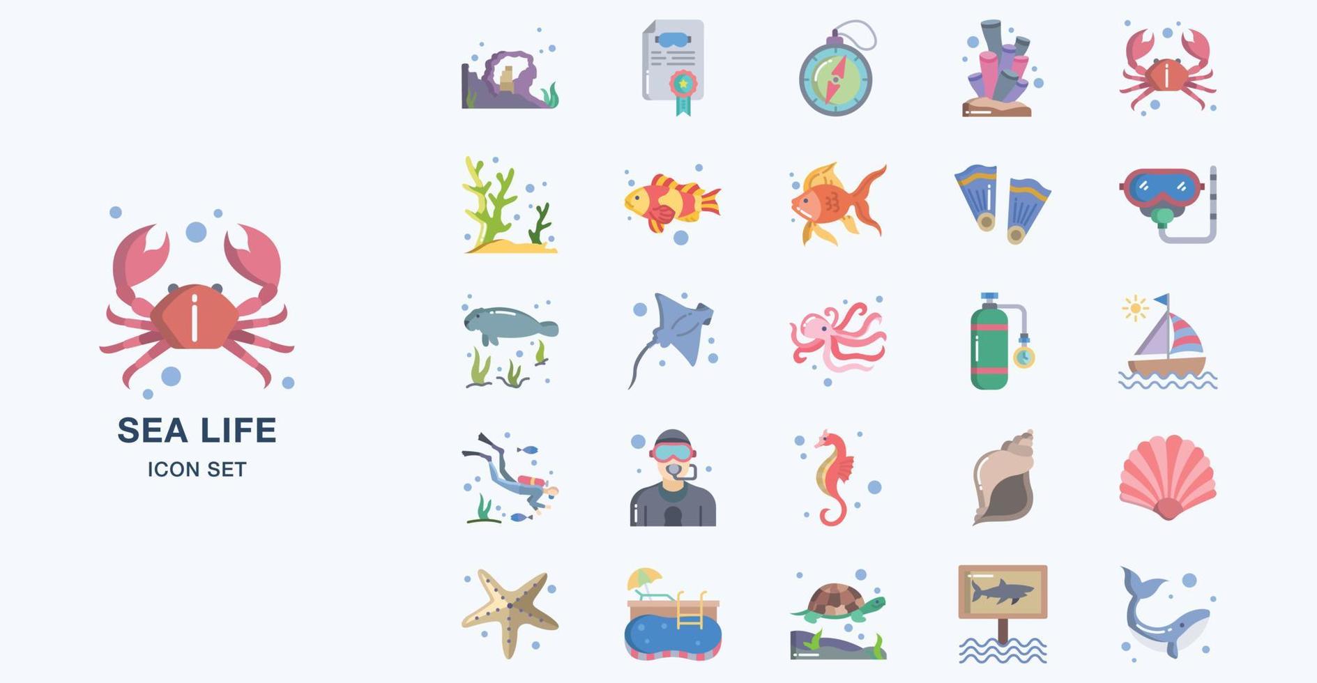 Sea Life flat icon set vector