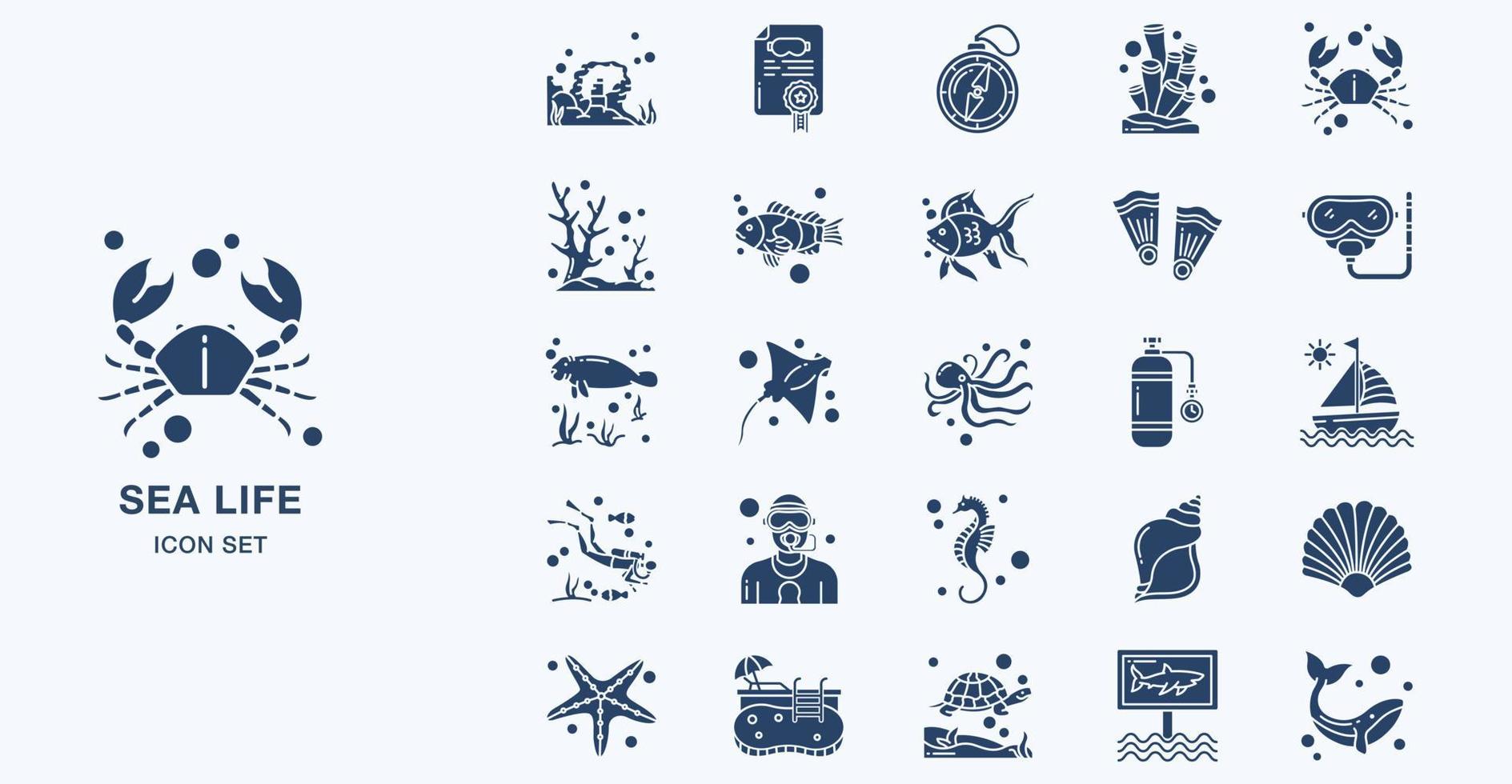 Sea Life solid icon set vector