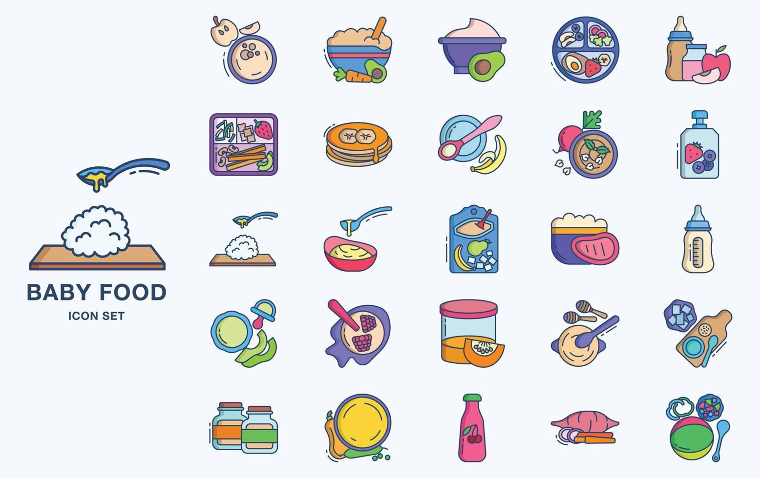 Variety of Baby Food icon set with different types of ingredients vector