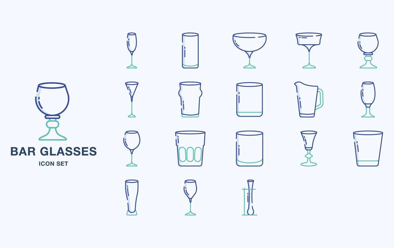 Variety of Bar and restaurant glasses icon set vector