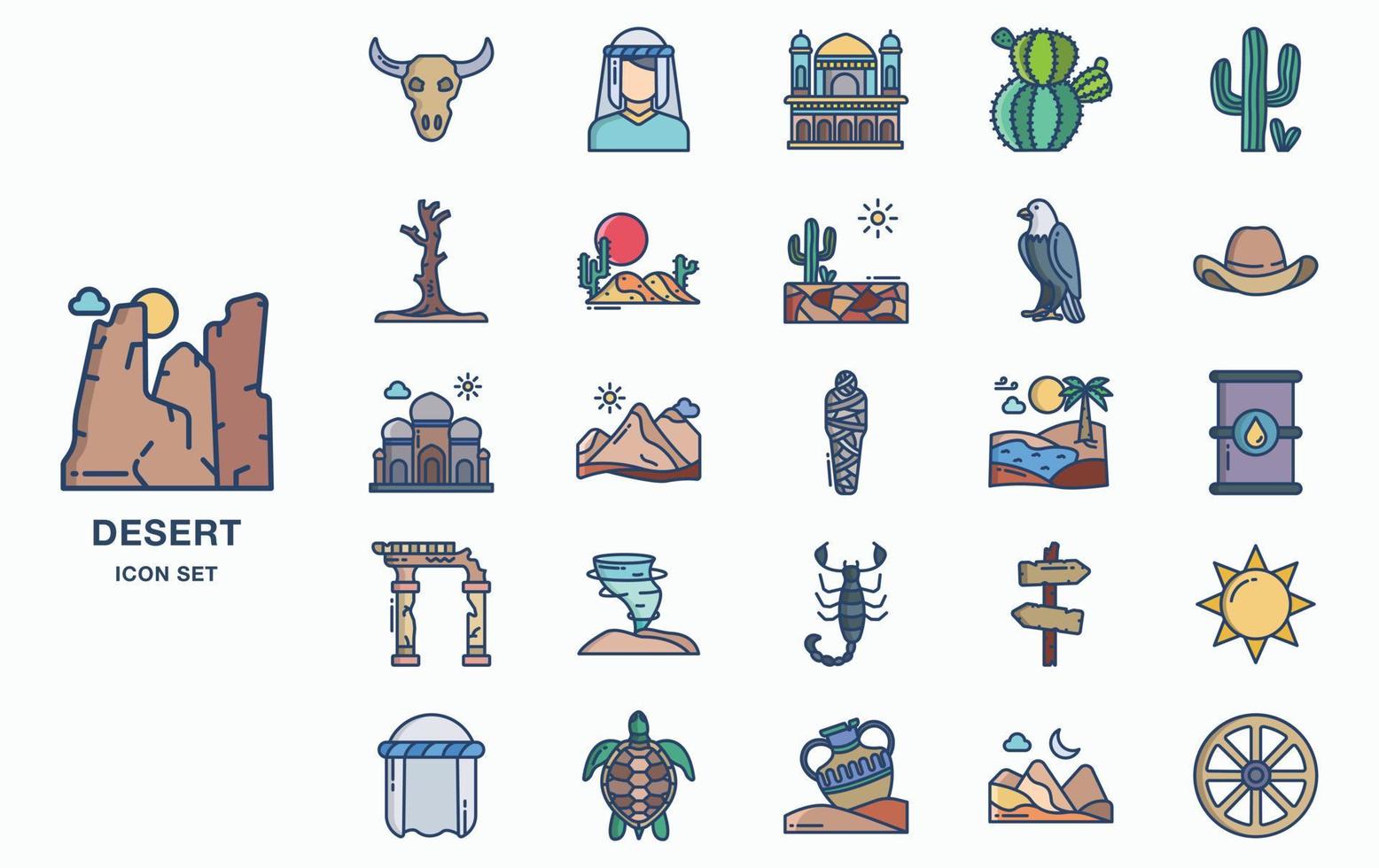 Hot and dry desert icon set vector