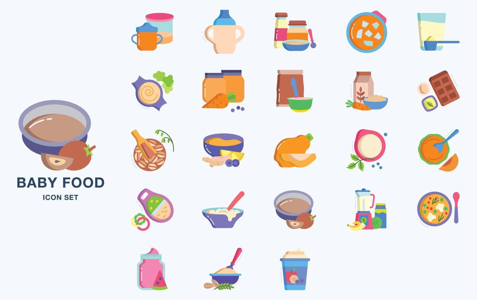 Variety of Baby Food icon set with different types of ingredients vector