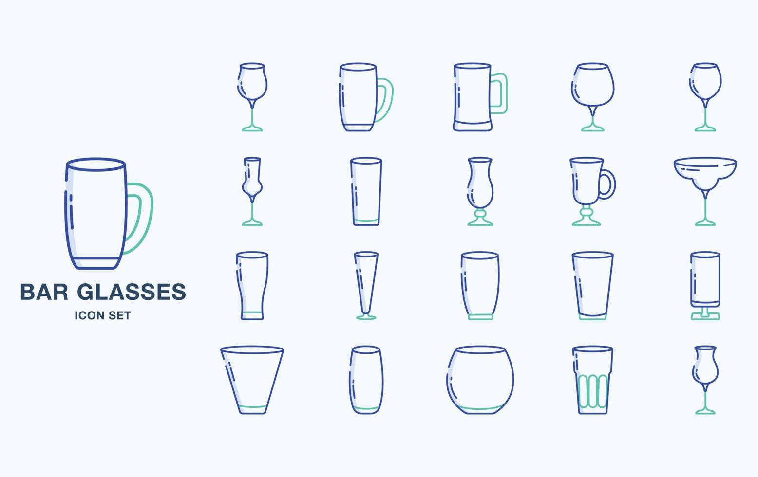variedad de conjunto de iconos de vasos de bar y restaurante vector