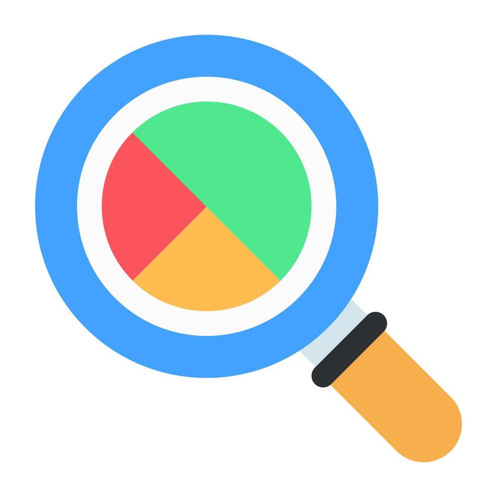 Pie graph under magnifying glass, icon of data analysis vector