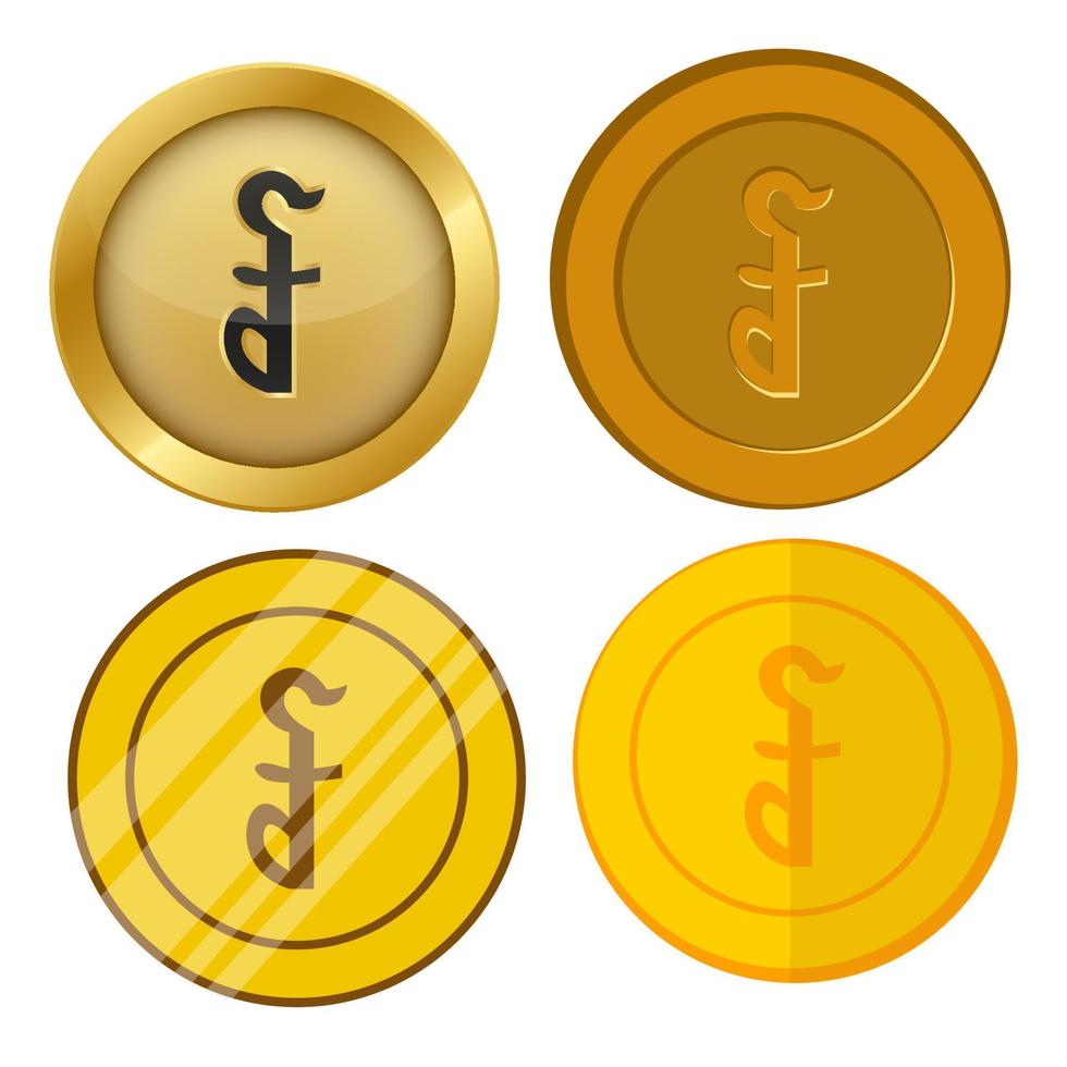 four different style gold coin with riel currency symbol vector set