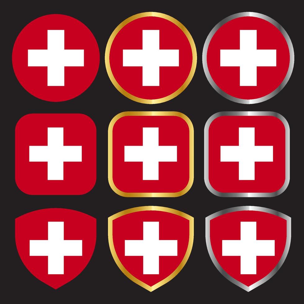 switzerland flag vector icon set with gold and silver border