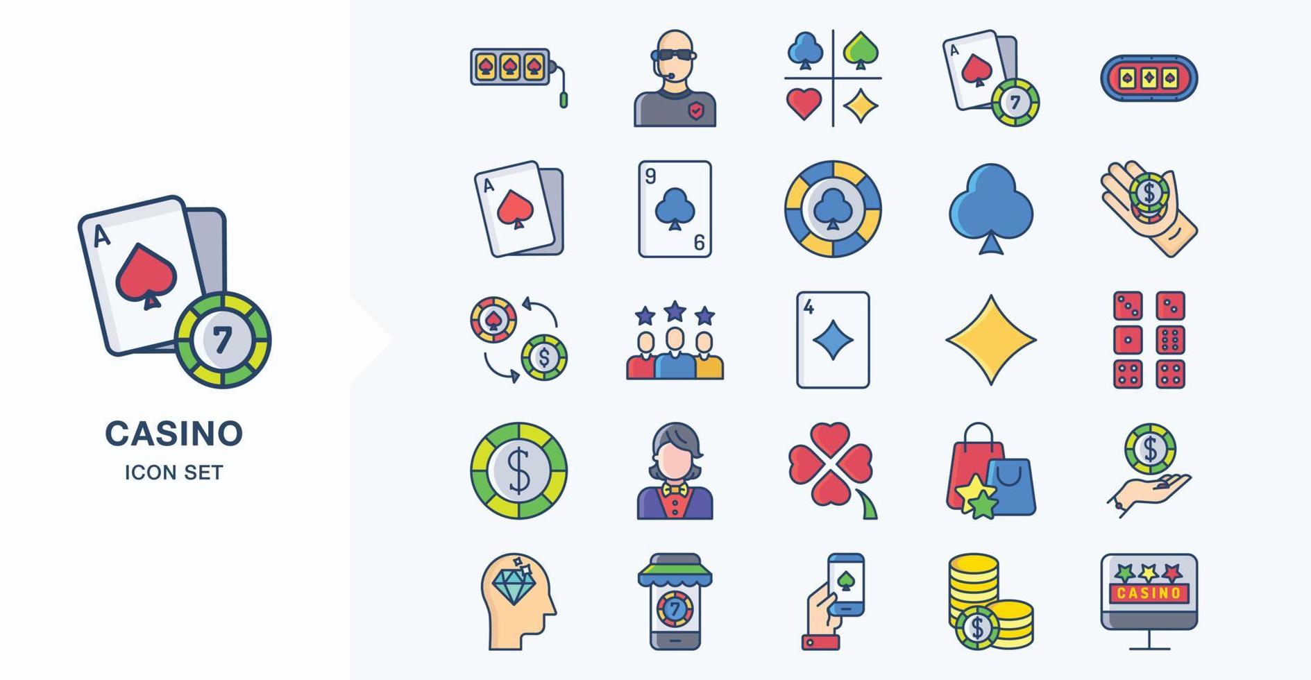 Casino and gambling linear coloured icon set vector