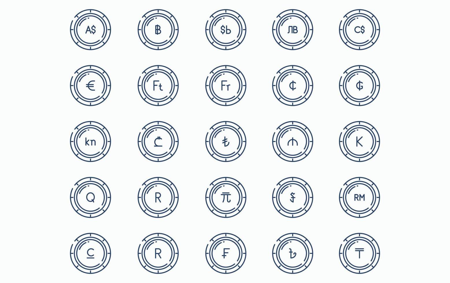 Variety of currency and coins icon set vector