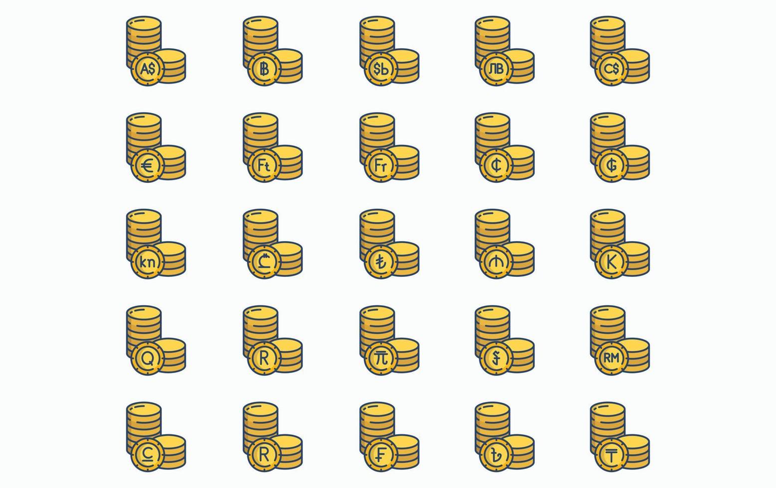 Variety of currency and coins icon set vector