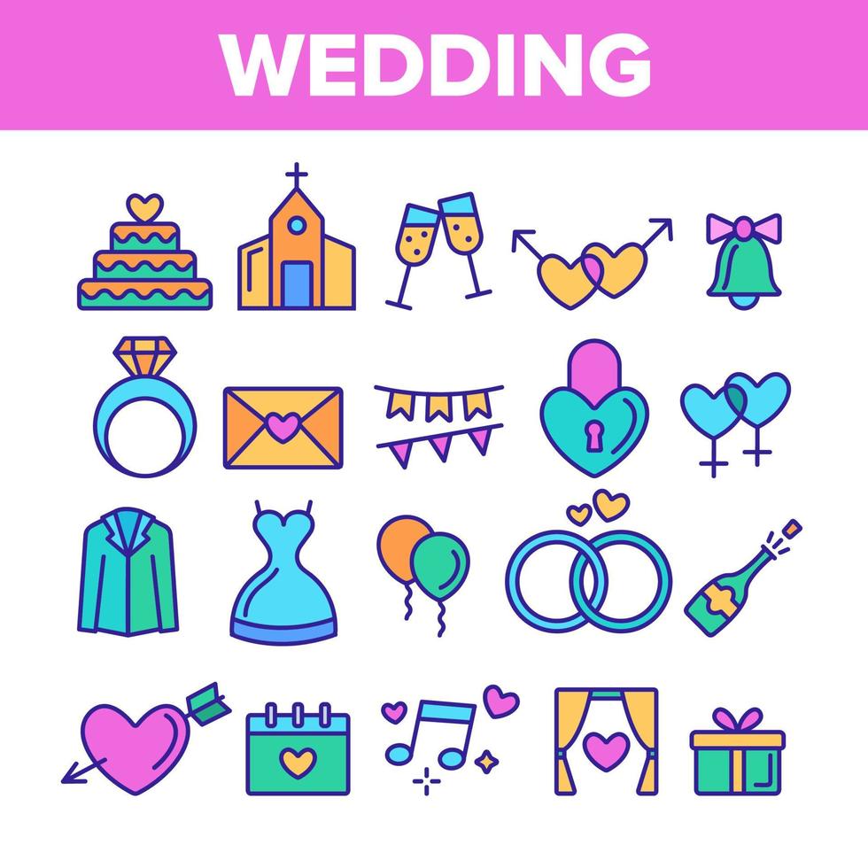 boda de color y conjunto de iconos lineales vectoriales atractivos vector