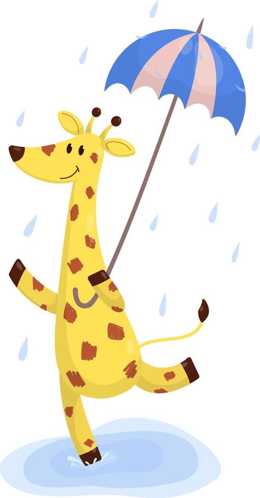 Yellow giraffe jumping through the puddles under an umbrella vector