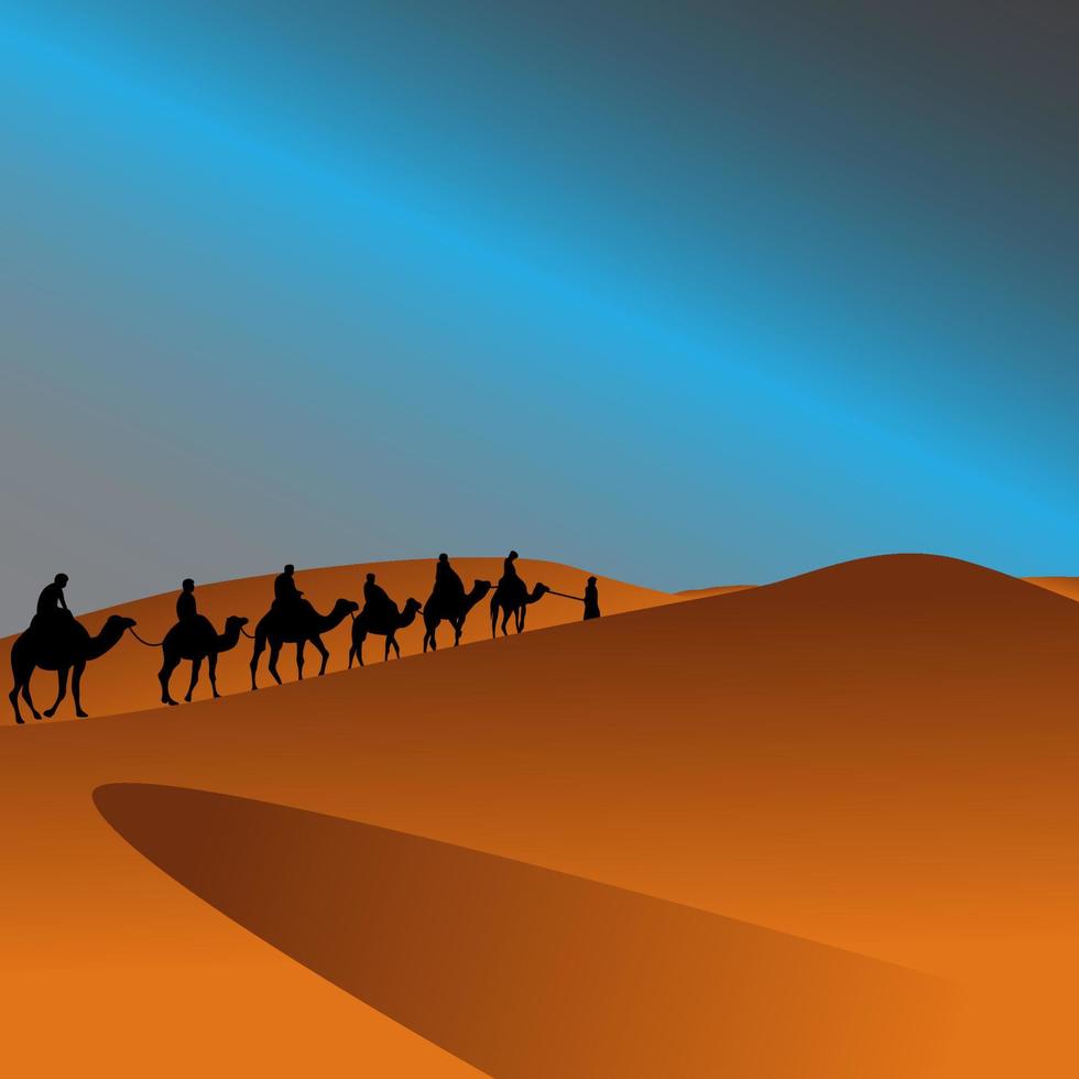 caravana de camellos árabes en la ilustración del paisaje del desierto vector