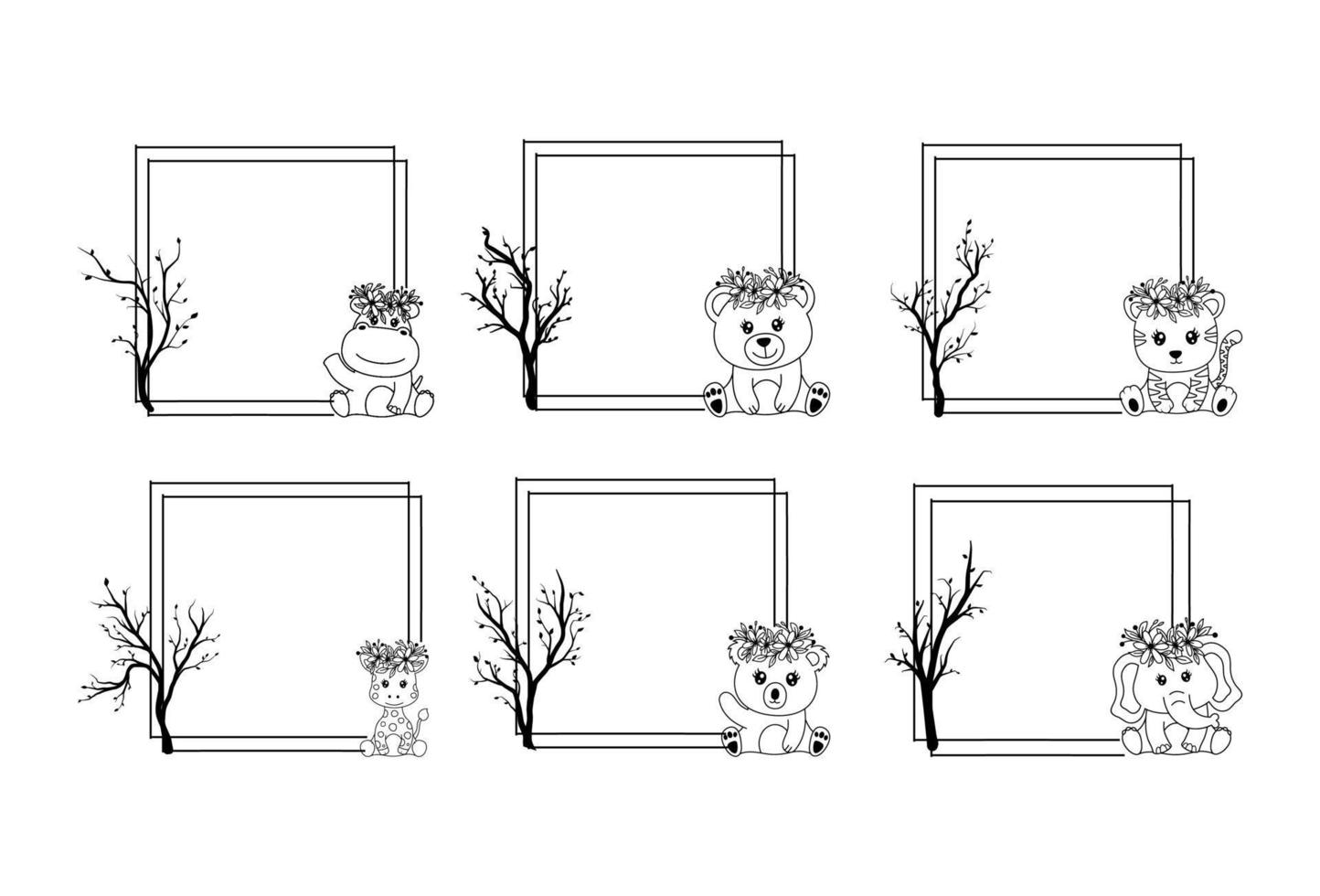 Collection of Frame with Tree Branch and Cute Animal vector