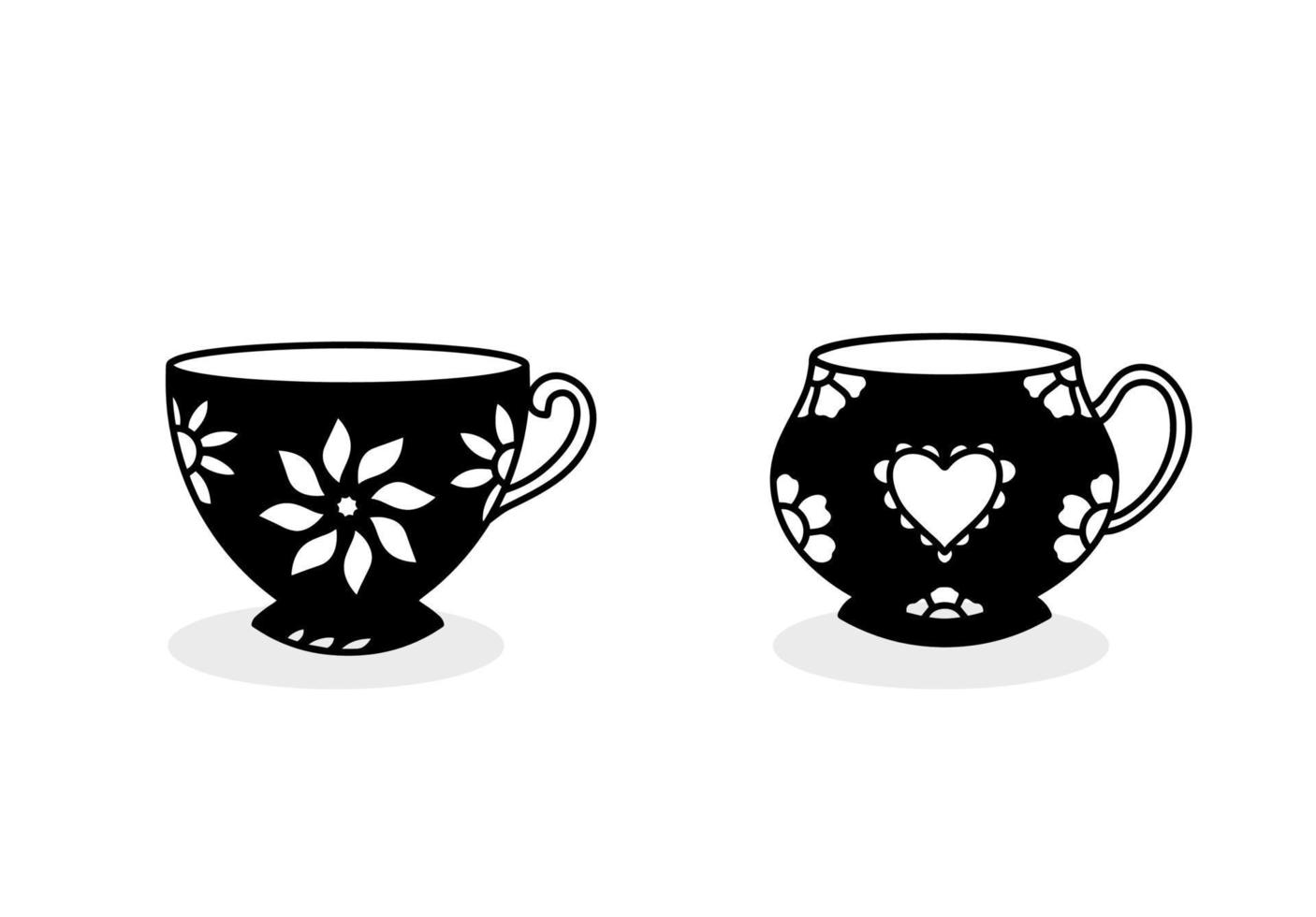 ilustraciones, dos, taza, con, flor, en, silueta vector