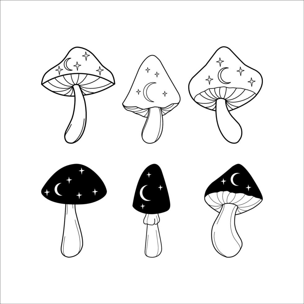 colección de ilustraciones místicas de hongos en blanco y negro vector