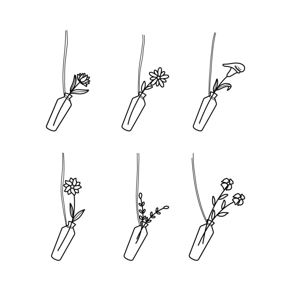 Set of Hand-drawn Hanging Plants Flower in a Bottle Glasses vector