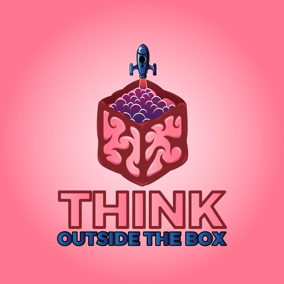 think outside the box vector illustration with brain and rocket launch