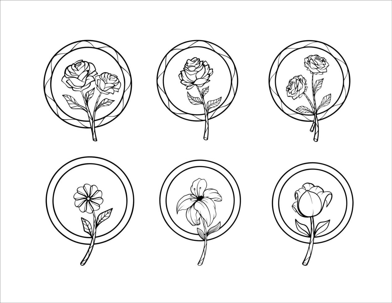 conjunto de flores en círculo blanco y negro vector