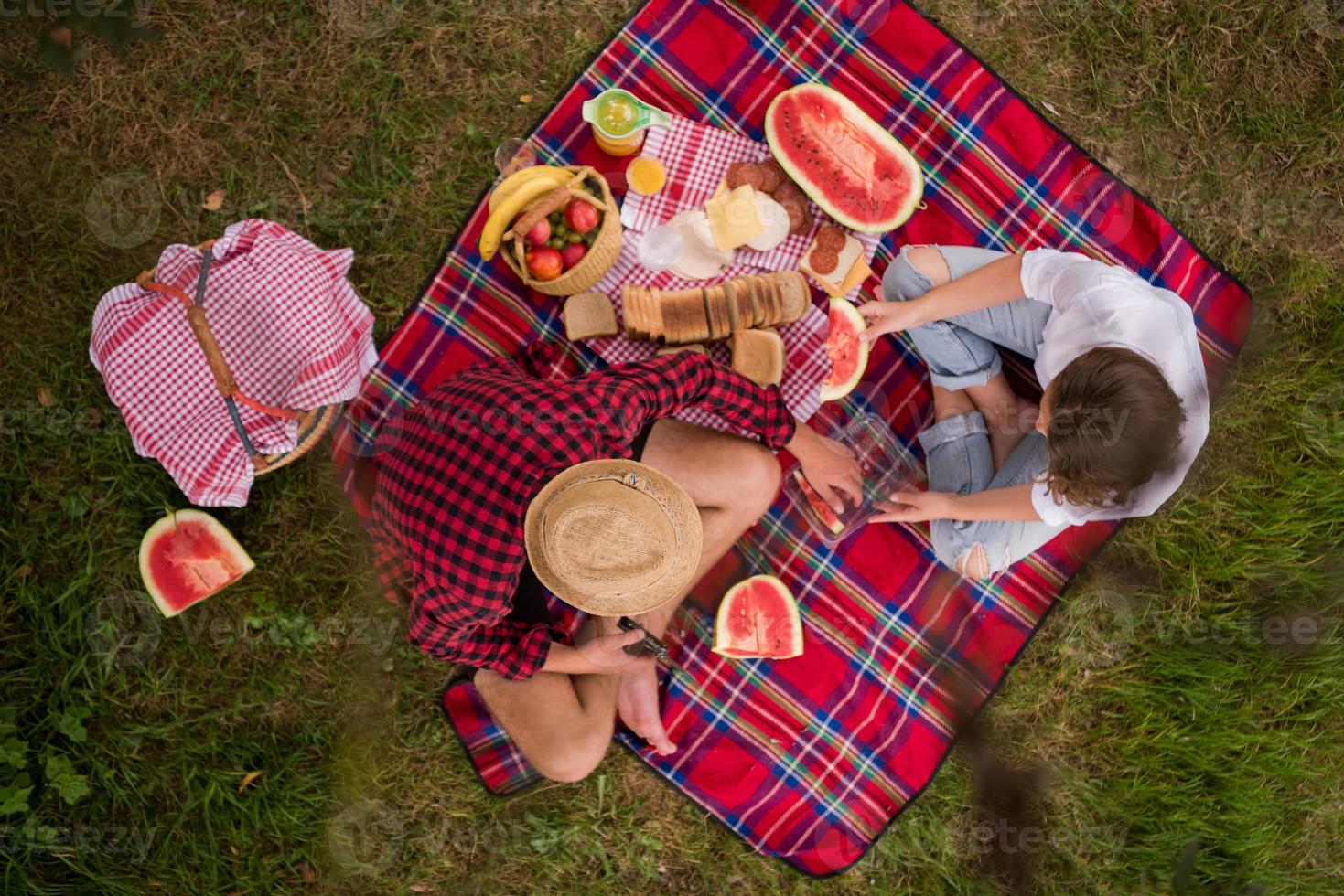 vista superior de la pareja disfrutando del tiempo de picnic foto