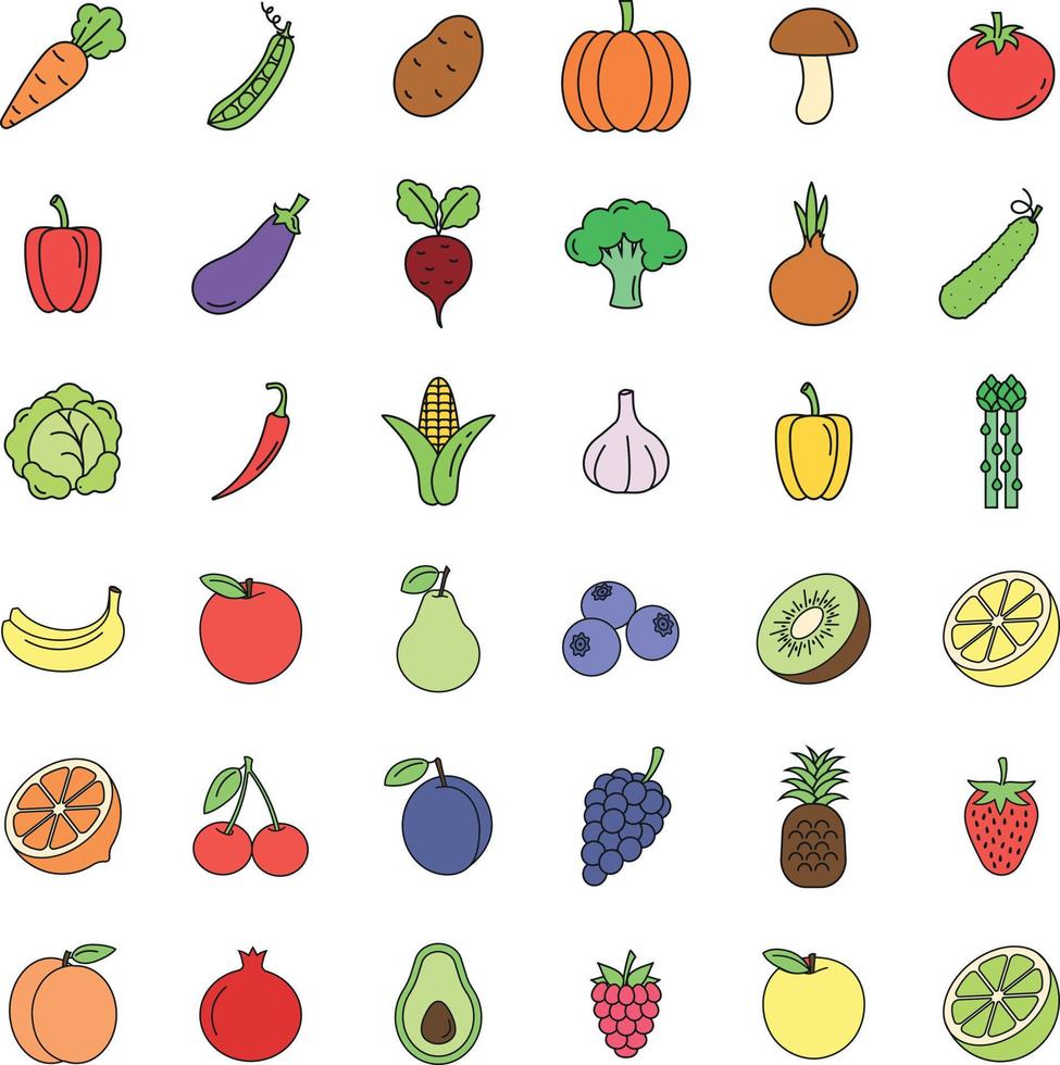 Set of fruits and vegetables icons. vector