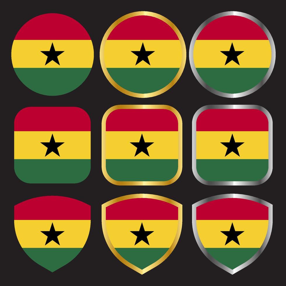 ghana flag vector icon set with gold and silver border