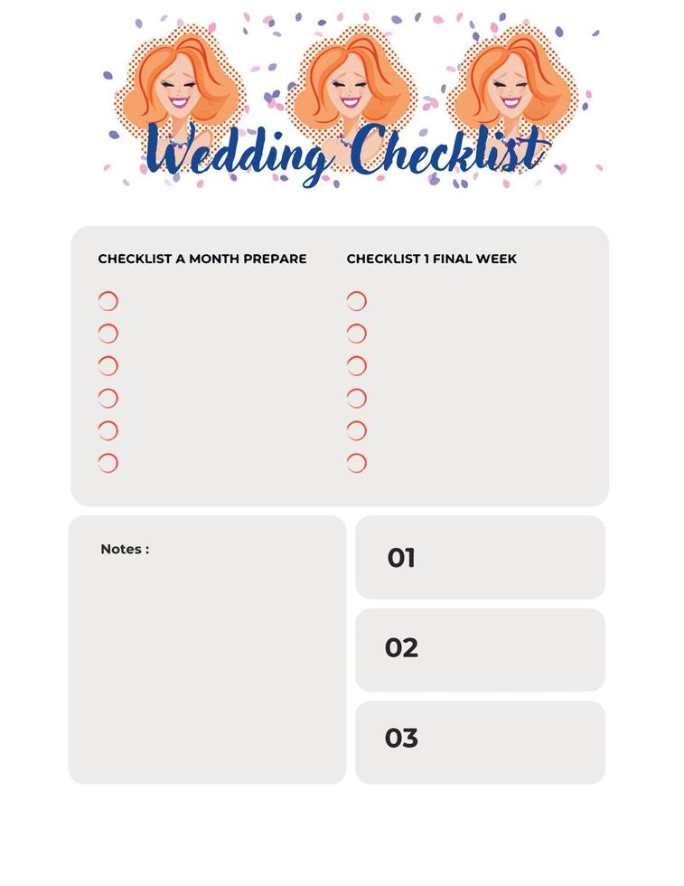 lista de verificación de bodas, planificador, cuaderno, diario. fondo de acuarela con mujer feliz y flores. vector