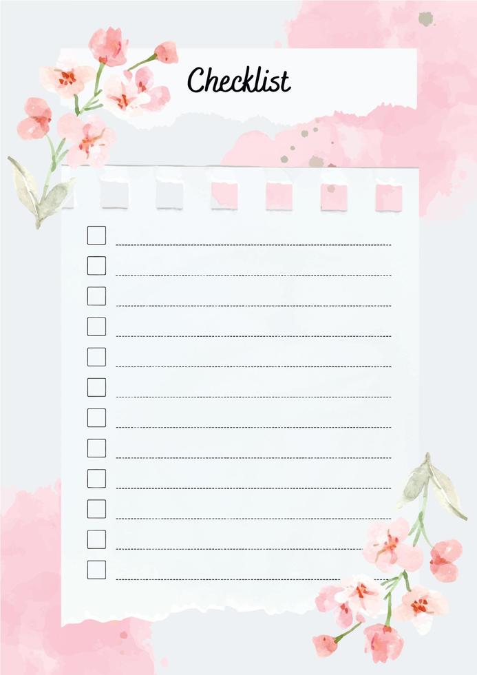 Watercolour flowers checklist, planner. Pink background. vector