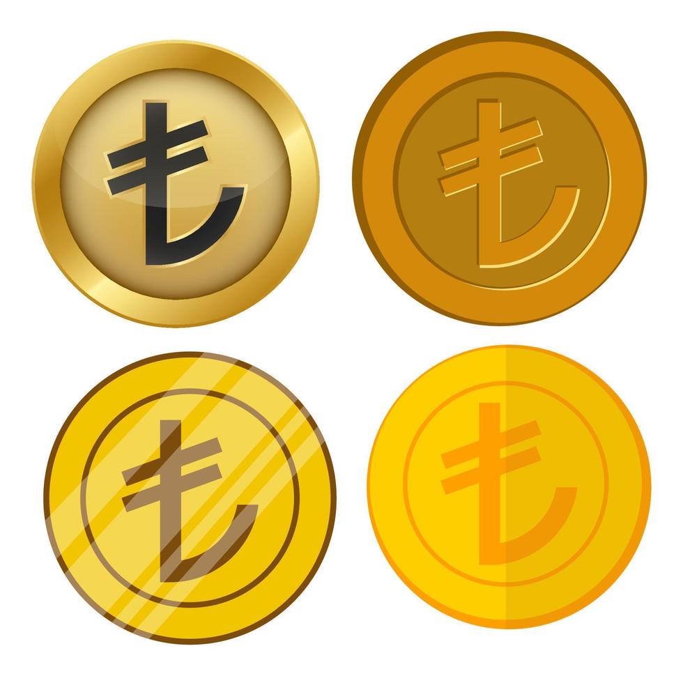 four different style gold coin with lira currency symbol vector set