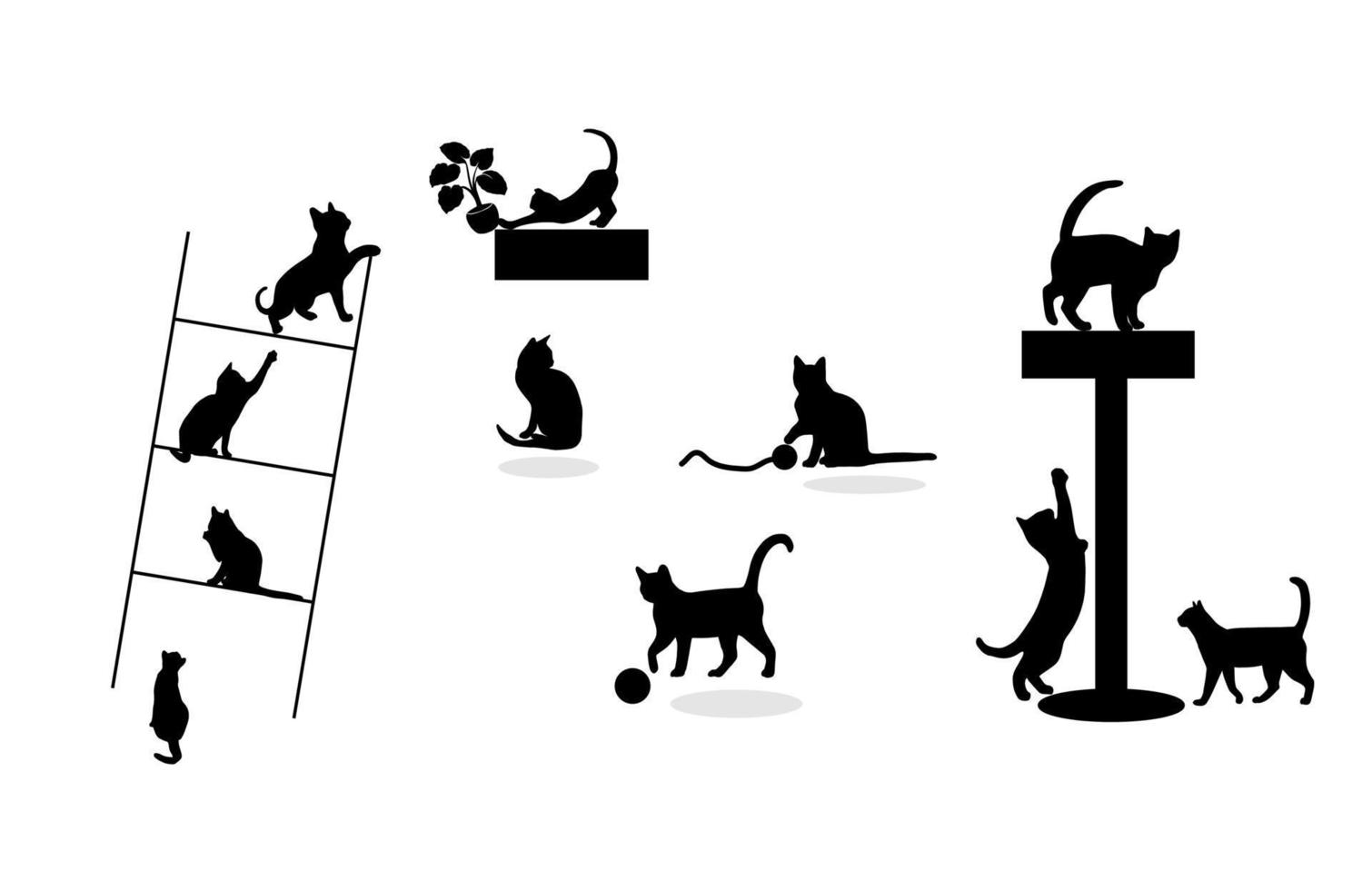 Collection of Cat Playing in Silhouette White Background vector