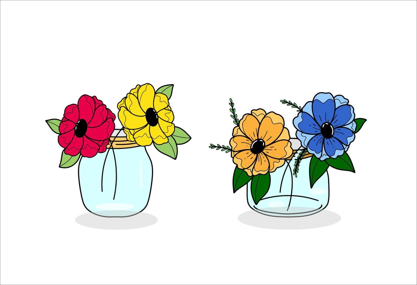 conjunto de flores en tarros de albañil sobre fondo blanco vector