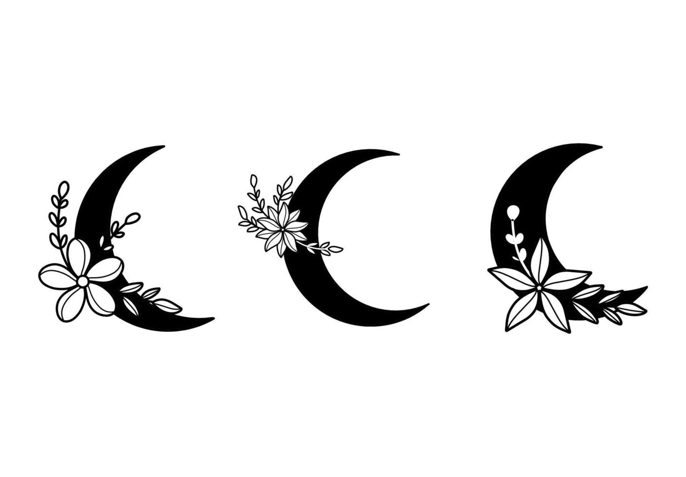 Collection Black and White Moon with Flower Illustrations vector