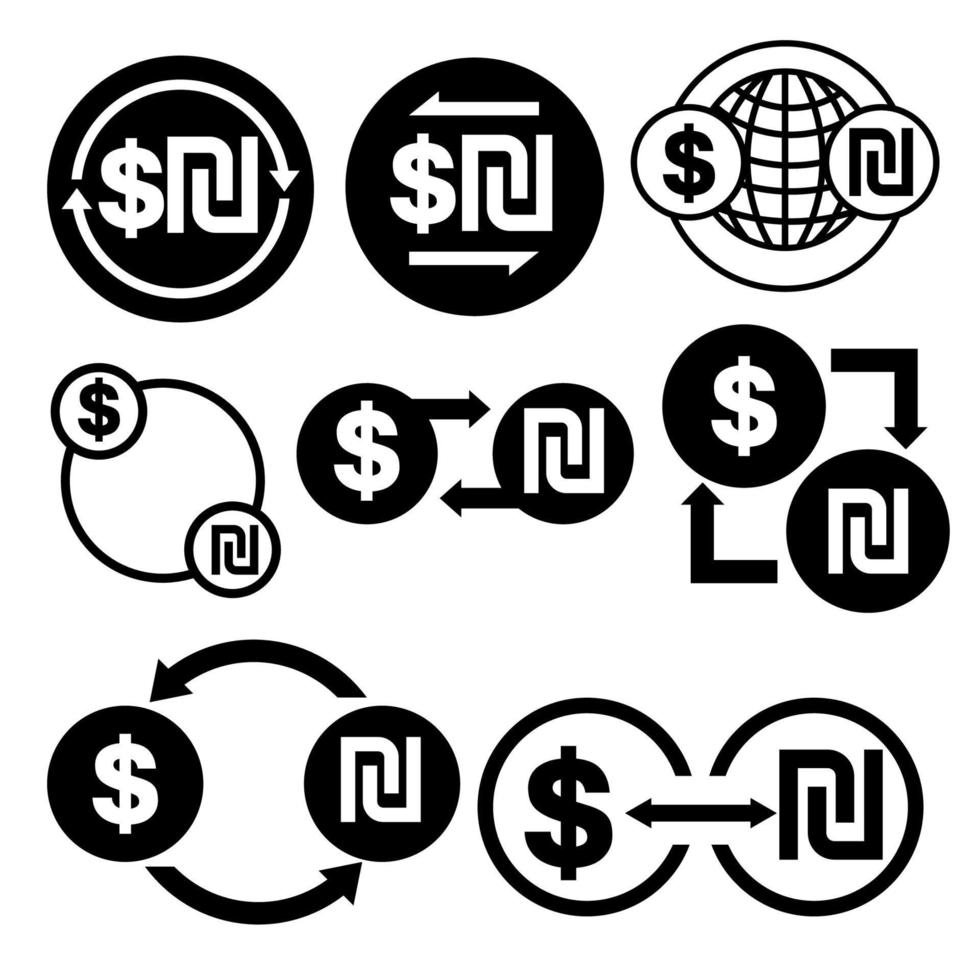 icono de conversión de dinero en blanco y negro de dólar a conjunto de paquetes de vectores shekel