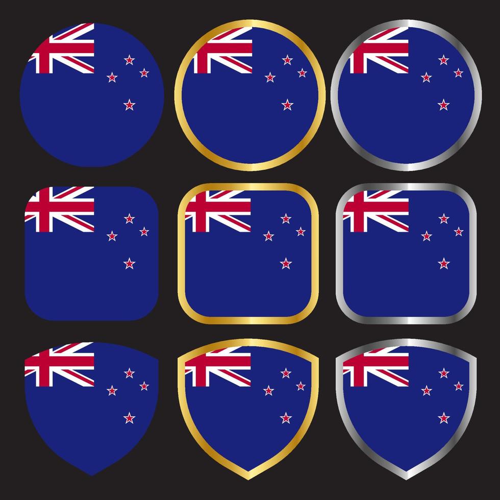 new zealand flag vector icon set with gold and silver border