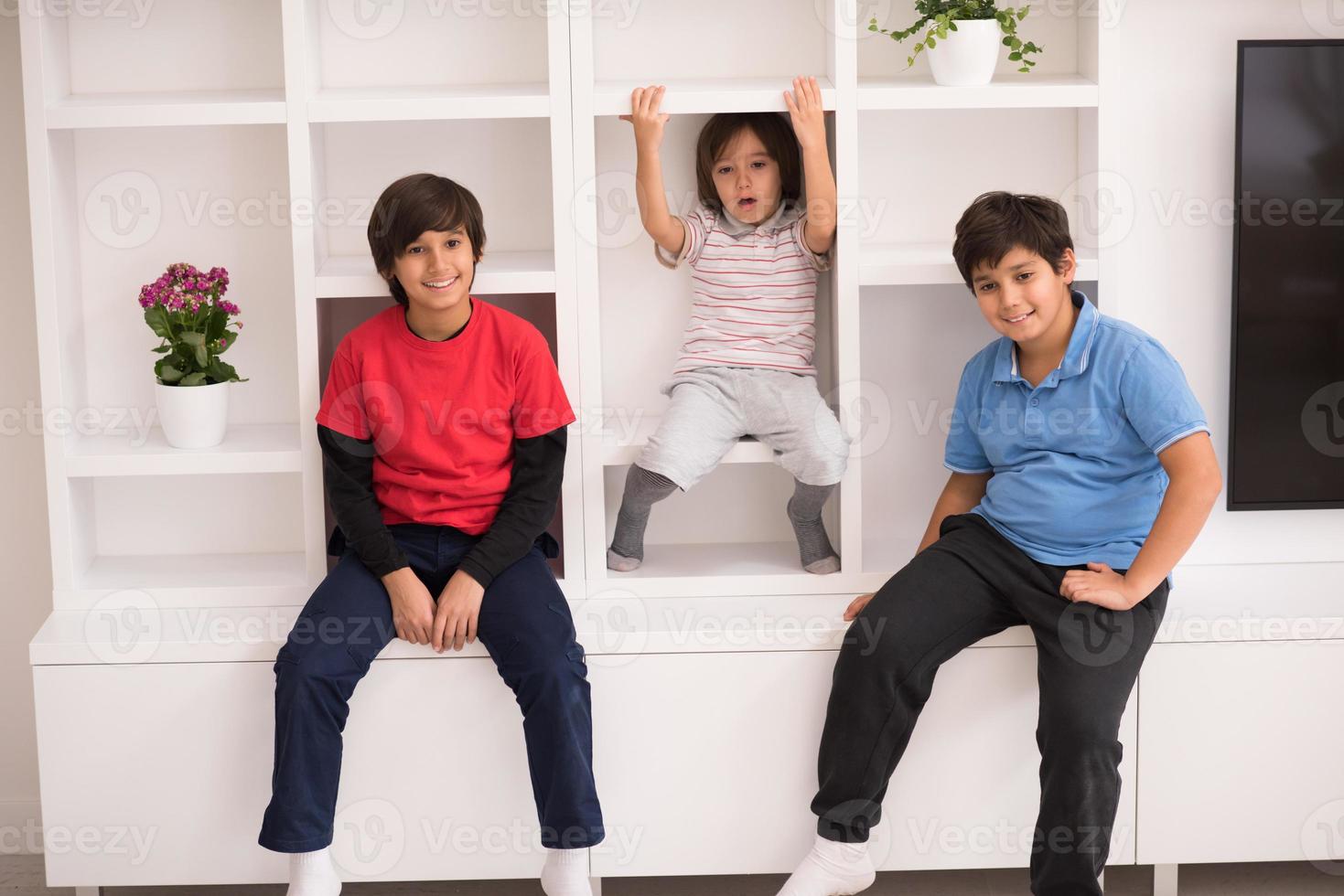 young boys posing on a shelf photo