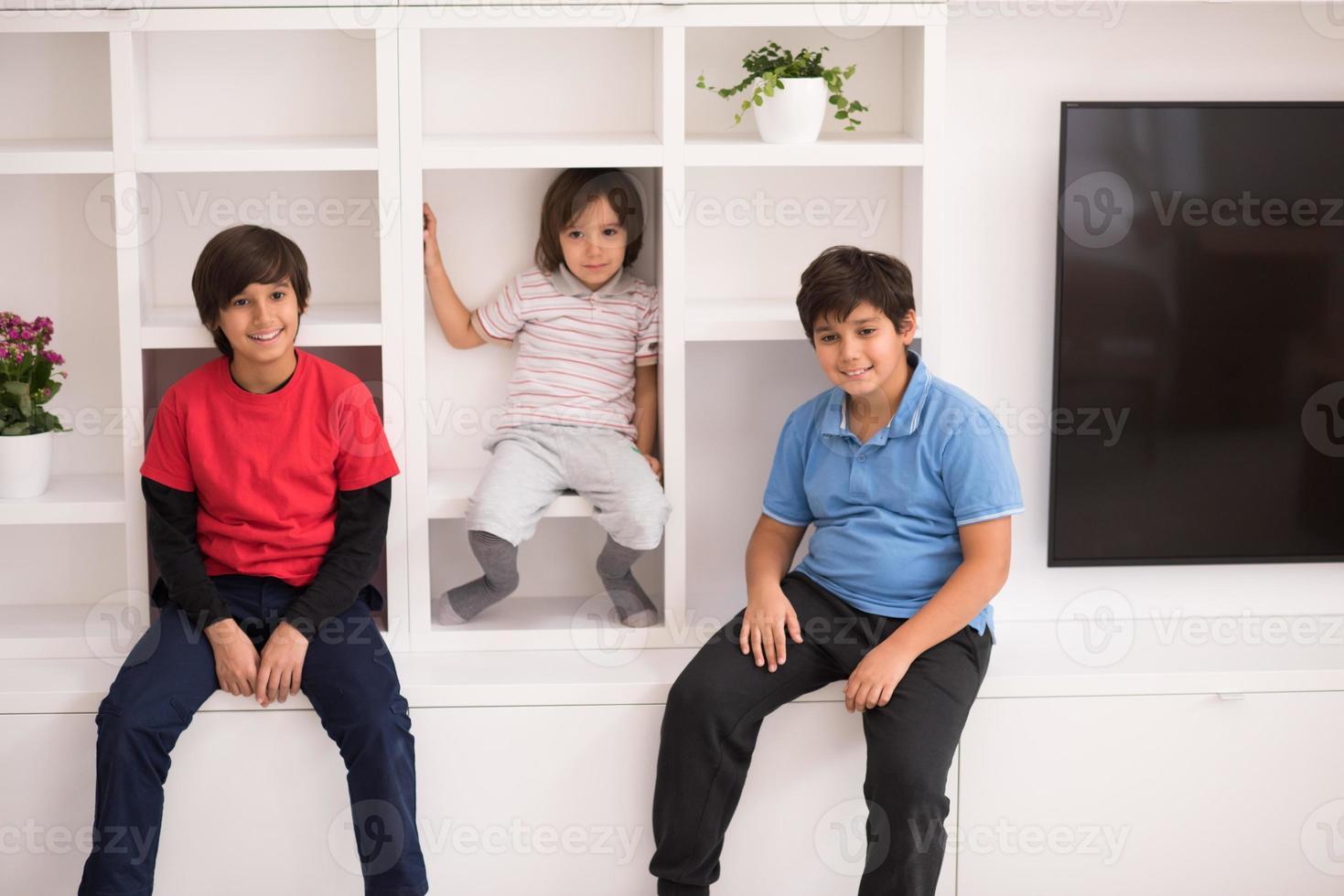 young boys posing on a shelf photo