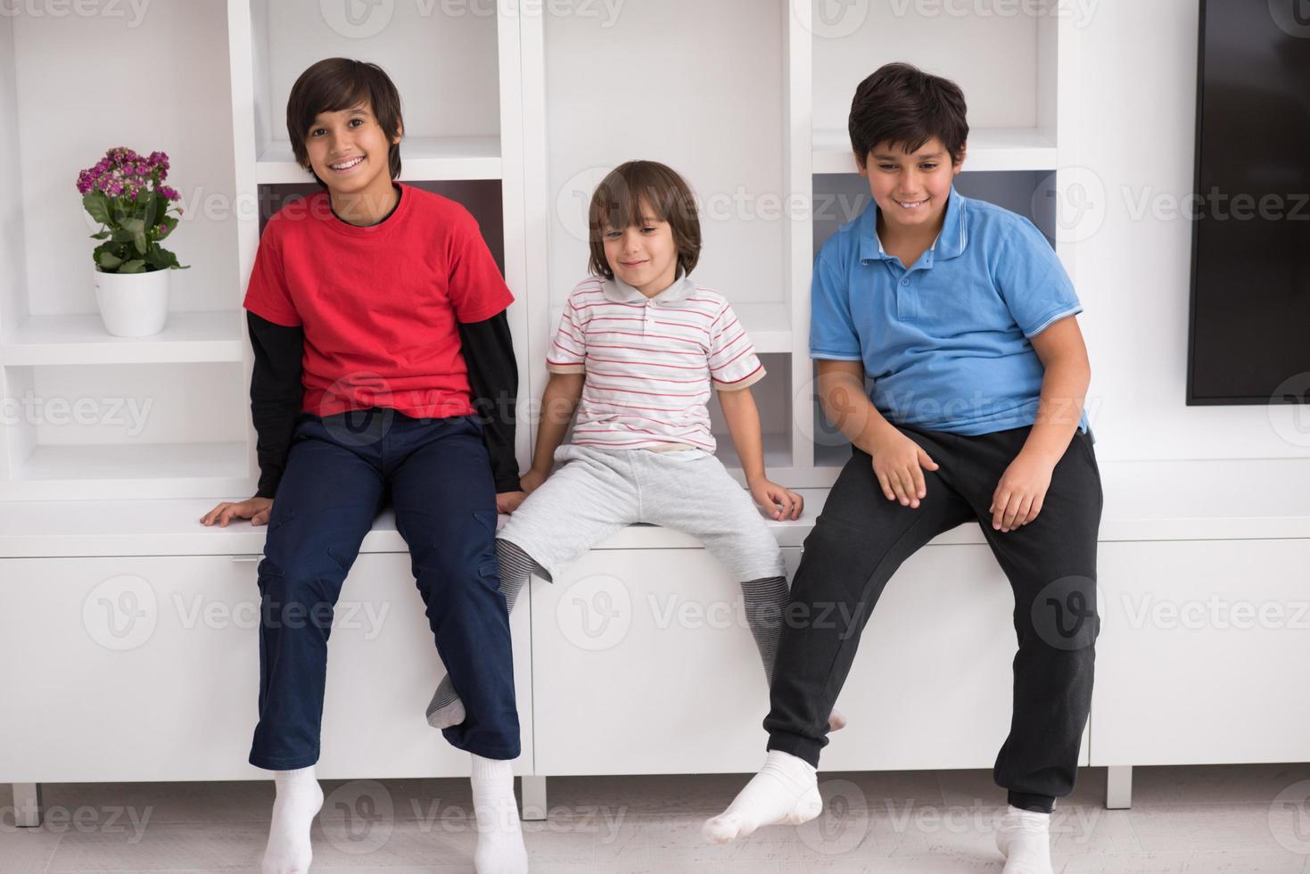 young boys posing on a shelf photo
