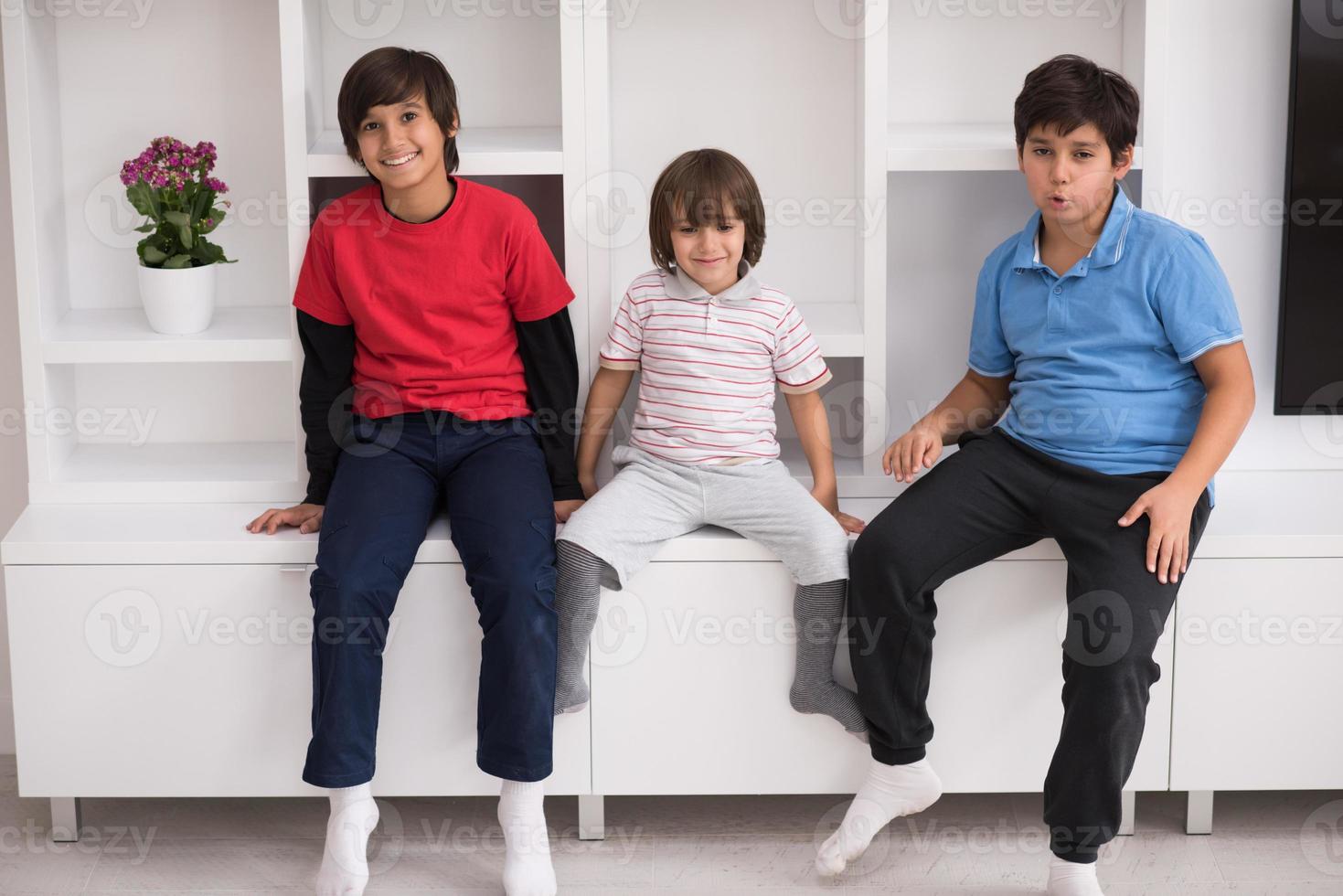 young boys posing on a shelf photo