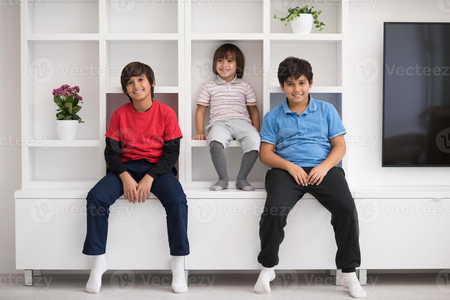 young boys posing on a shelf photo