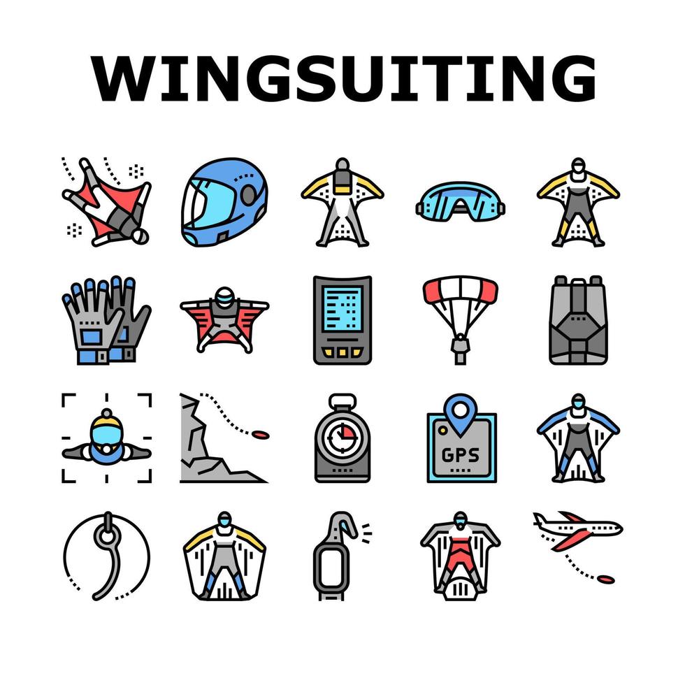 Wingsuiting Sport Collection Icons Set Vector