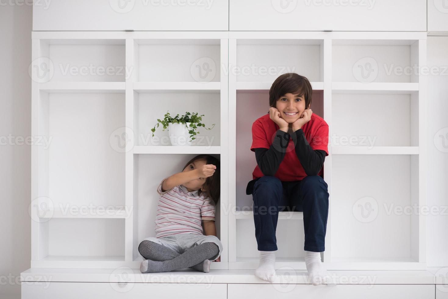 young boys posing on a shelf photo