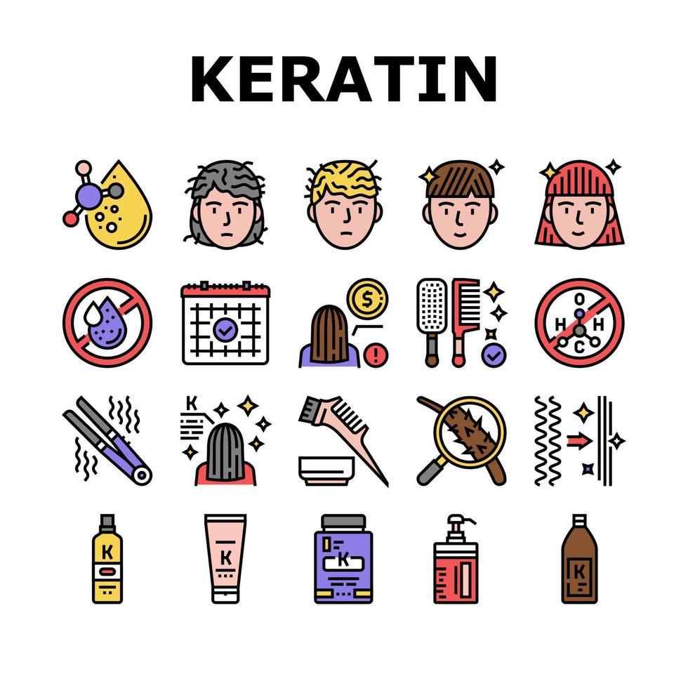 Keratin Hair Procedure Collection Icons Set Vector