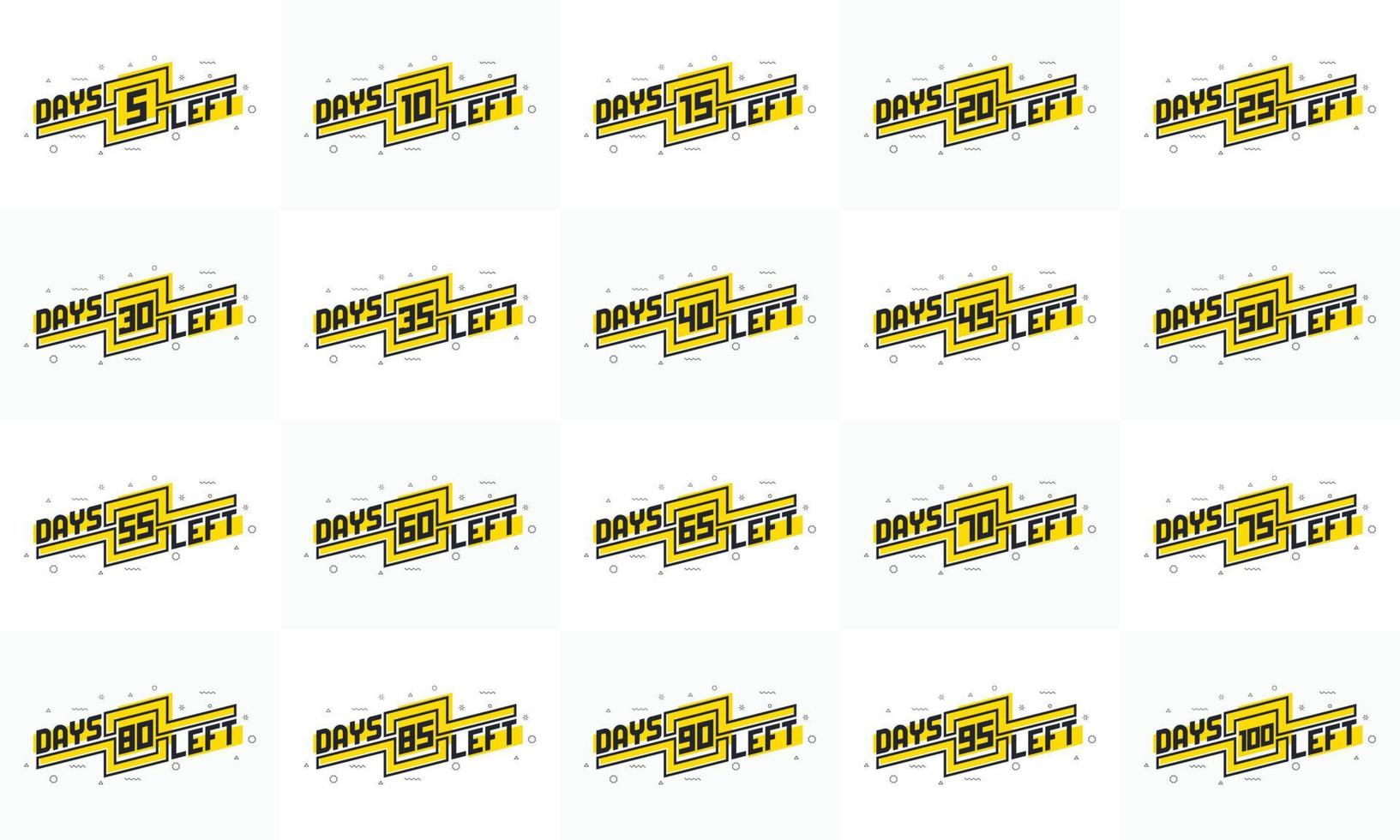 Day left, sells promotion marketing design set. 5, 10, 15, 20, 25, 30, 35, 40, 45, 50, 55, 60, 65, 70, 75, 80, 85, 90, 95, 100 days left countdown design bundle. vector