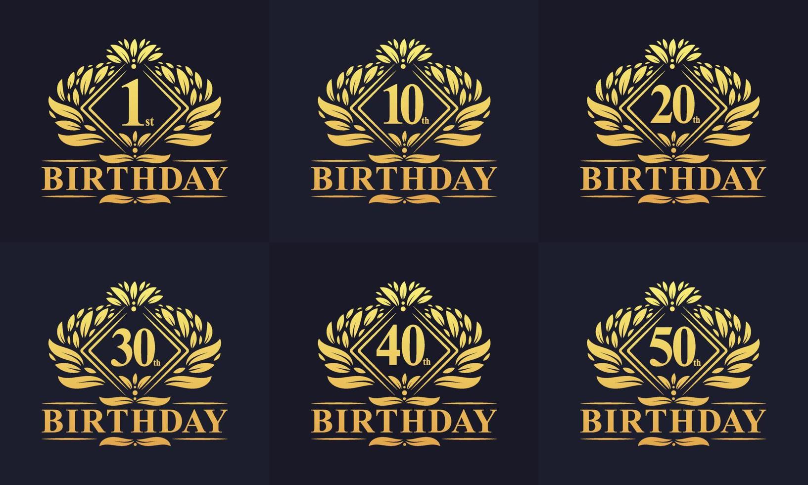 Vintage Retro Birthday logo set. Luxurious golden birthday logo bundle. 1st, 10th, 20th, 30th, 40th, 50th birthday logo bundle. vector