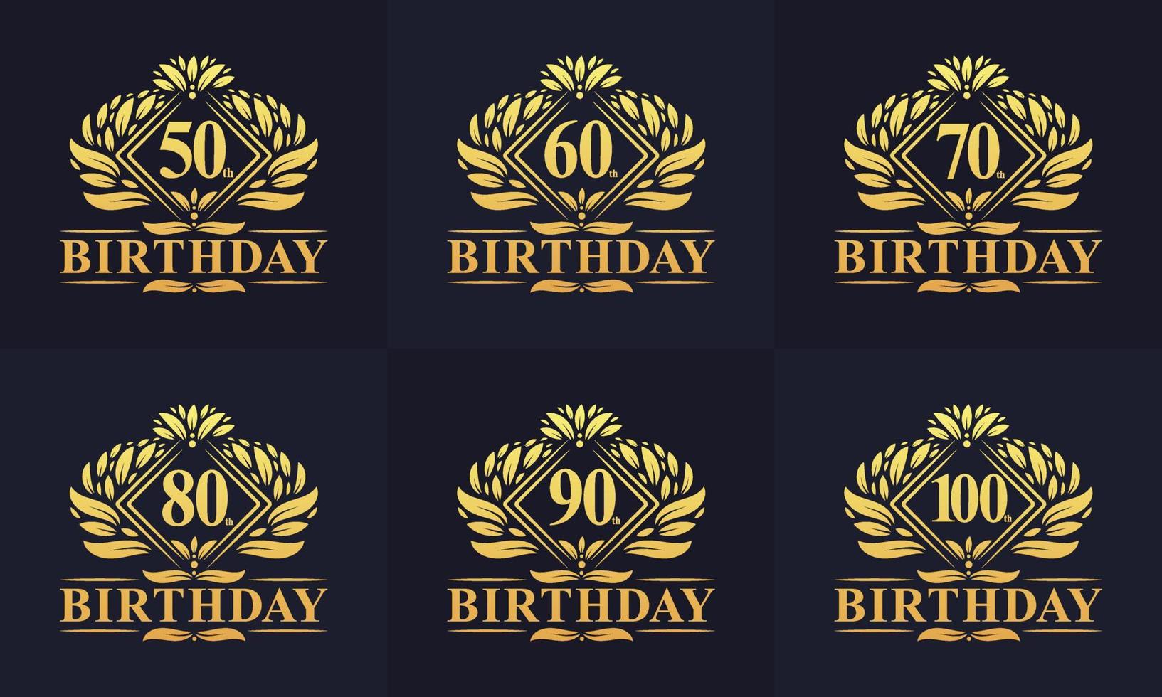 Vintage Retro Birthday logo set. Luxurious golden birthday logo bundle. 50th, 60th, 70th, 80th, 90th, 100th happy birthday logo bundle. vector