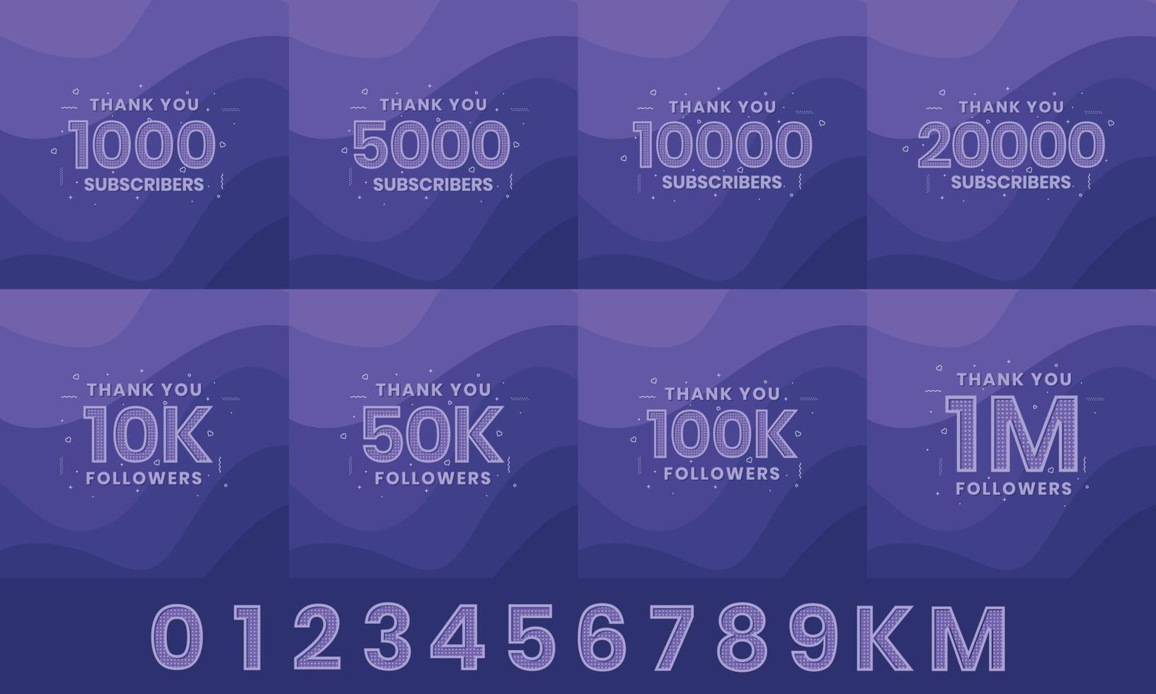 gracias paquete de tarjetas de felicitación de suscriptores. gracias 1000, 1k, 10000, 10k, 50k, 1 millón de suscriptores celebran el diseño del paquete de redes sociales. vector