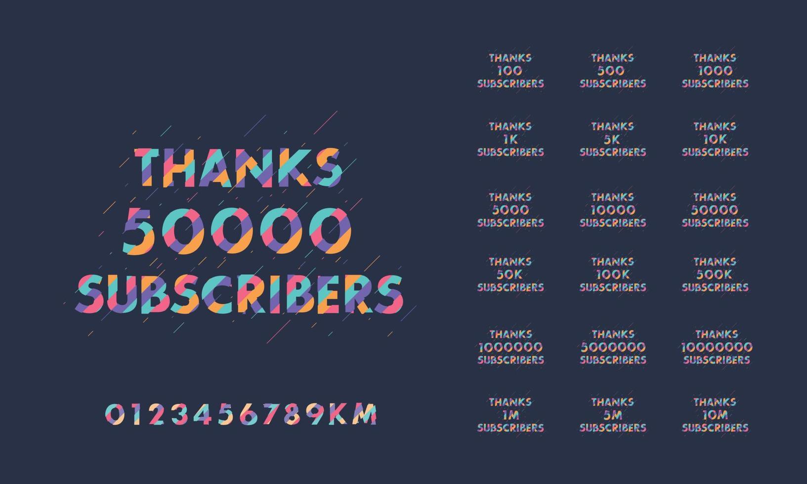 paquete de tarjetas de felicitación de suscriptores de gracias. gracias 1000, 1k, 10000, 10k, 50k, 1m, 5m suscriptores celebración diseño de paquete de redes sociales. vector