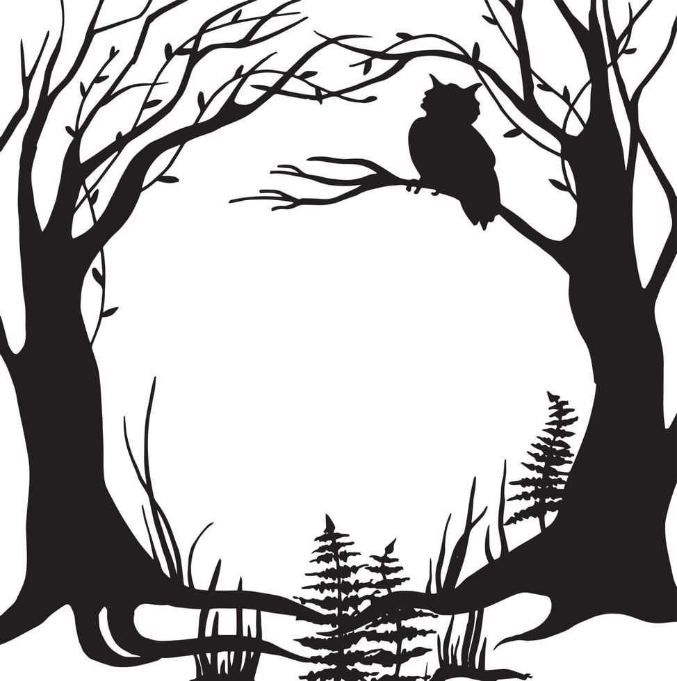 vector black and white illustration, frame. fabulous, magical forest. silhouette of trees, herbs, silhouette of an owl sitting on a tree. design for halloween. frame for cards, books.