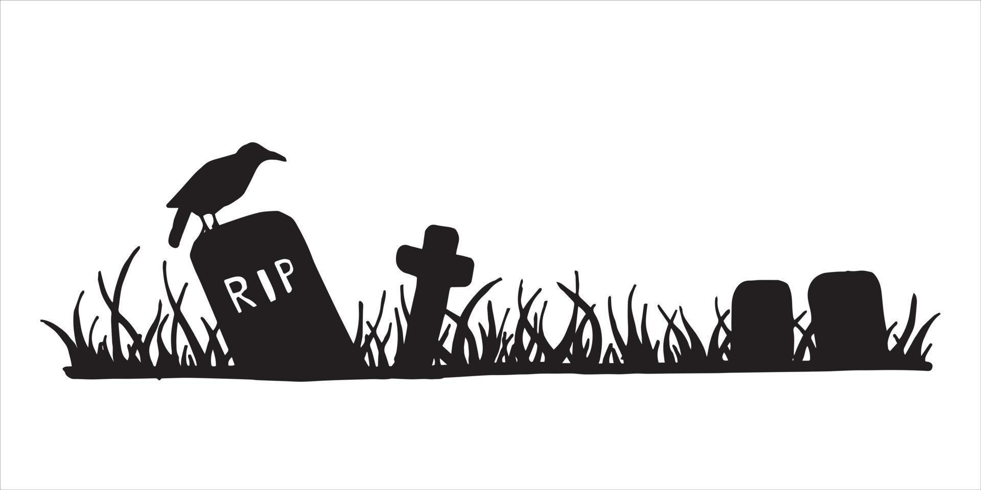 vector black and white illustration. border, banner. landscape of a cemetery, old graves, monuments. background for halloween, silhouette, outline. fabulous, cartoon drawing