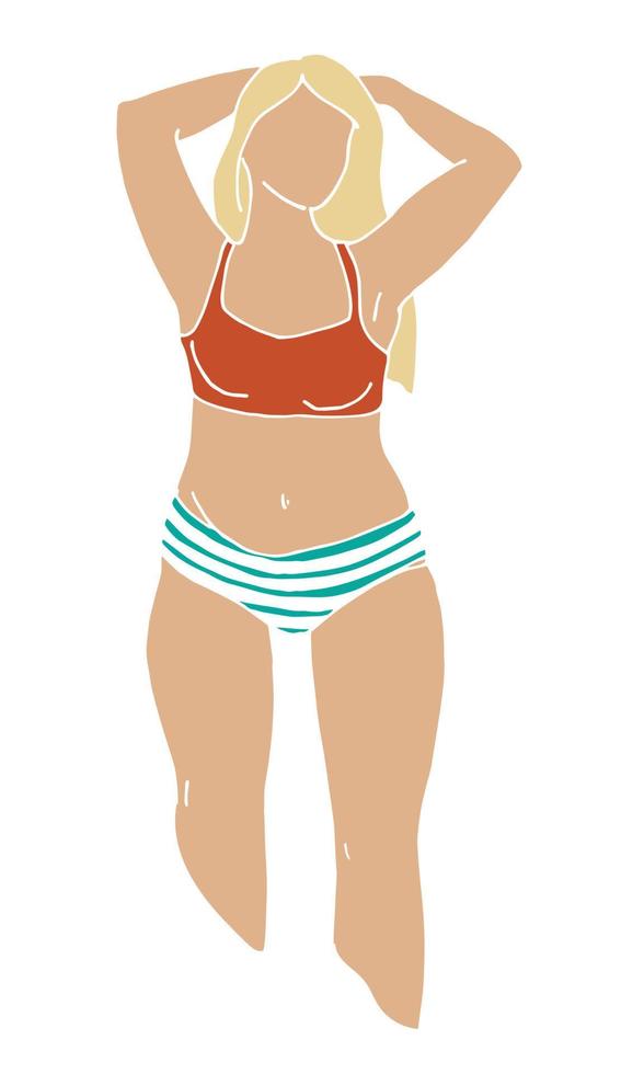 vector illustration. a woman is standing in a swimsuit. Fat white young woman in a swimsuit. body positive, feminism. limited color palette. isolated on white background